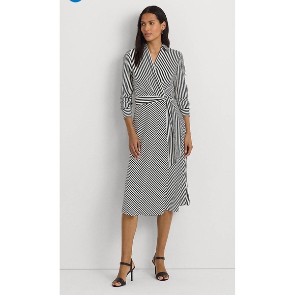 Lauren Ralph Lauren Dresses & Skirts - Lauren Ralph Lauren Black White Striped Long Sleeve Wrap Midi Dress Collared